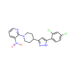 O=[N+]([O-])c1cccnc1N1CCC(c2cc(-c3ccc(Cl)cc3Cl)[nH]n2)CC1 ZINC000013143436