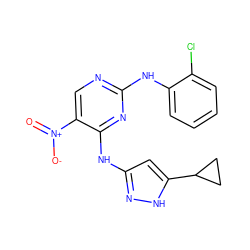 O=[N+]([O-])c1cnc(Nc2ccccc2Cl)nc1Nc1cc(C2CC2)[nH]n1 ZINC000203005715