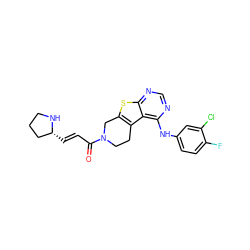 O=C(/C=C/[C@@H]1CCCN1)N1CCc2c(sc3ncnc(Nc4ccc(F)c(Cl)c4)c23)C1 ZINC000059128601