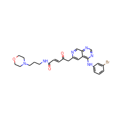 O=C(/C=C/C(=O)NCCCN1CCOCC1)Cc1cc2c(Nc3cccc(Br)c3)ncnc2cn1 ZINC000044387435