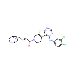 O=C(/C=C/CN1C2CCC1CC2)N1CCc2c(sc3ncnc(Nc4ccc(F)c(Cl)c4)c23)C1 ZINC000059125675