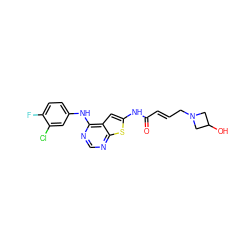 O=C(/C=C/CN1CC(O)C1)Nc1cc2c(Nc3ccc(F)c(Cl)c3)ncnc2s1 ZINC000169311834