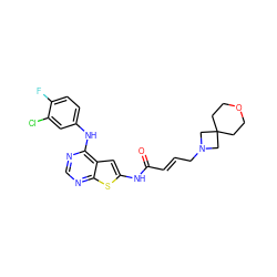 O=C(/C=C/CN1CC2(CCOCC2)C1)Nc1cc2c(Nc3ccc(F)c(Cl)c3)ncnc2s1 ZINC000169311849