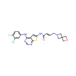 O=C(/C=C/CN1CC2(COC2)C1)Nc1cc2c(Nc3ccc(F)c(Cl)c3)ncnc2s1 ZINC000169306996