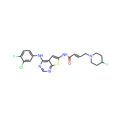 O=C(/C=C/CN1CCC(F)CC1)Nc1cc2c(Nc3ccc(F)c(Cl)c3)ncnc2s1 ZINC000169311841