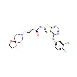 O=C(/C=C/CN1CCC2(CC1)OCCO2)Nc1cc2c(Nc3ccc(F)c(Cl)c3)ncnc2s1 ZINC000169311850