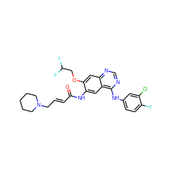 O=C(/C=C/CN1CCCCC1)Nc1cc2c(Nc3ccc(F)c(Cl)c3)ncnc2cc1OCC(F)F ZINC000038257904