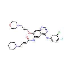 O=C(/C=C/CN1CCCCC1)Nc1cc2c(Nc3ccc(F)c(Cl)c3)ncnc2cc1OCCCN1CCOCC1 ZINC000112977116