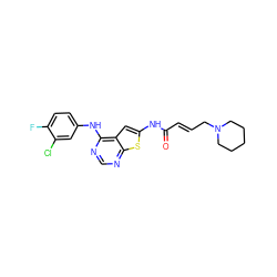 O=C(/C=C/CN1CCCCC1)Nc1cc2c(Nc3ccc(F)c(Cl)c3)ncnc2s1 ZINC000169311836