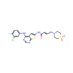 O=C(/C=C/CN1CCS(=O)(=O)CC1)Nc1cc2c(Nc3ccc(F)c(Cl)c3)ncnc2s1 ZINC000169311848