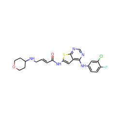 O=C(/C=C/CNC1CCOCC1)Nc1cc2c(Nc3ccc(F)c(Cl)c3)ncnc2s1 ZINC000169311825