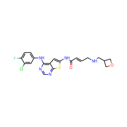 O=C(/C=C/CNCC1COC1)Nc1cc2c(Nc3ccc(F)c(Cl)c3)ncnc2s1 ZINC000169311824