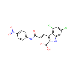 O=C(/C=C/c1c(C(=O)O)[nH]c2cc(Cl)cc(Cl)c12)Nc1ccc([N+](=O)[O-])cc1 ZINC000013761292