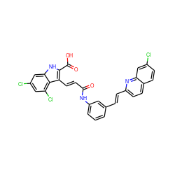 O=C(/C=C/c1c(C(=O)O)[nH]c2cc(Cl)cc(Cl)c12)Nc1cccc(/C=C/c2ccc3ccc(Cl)cc3n2)c1 ZINC000653812629