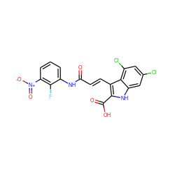 O=C(/C=C/c1c(C(=O)O)[nH]c2cc(Cl)cc(Cl)c12)Nc1cccc([N+](=O)[O-])c1F ZINC000013761287