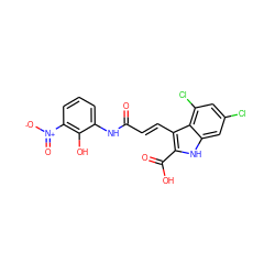 O=C(/C=C/c1c(C(=O)O)[nH]c2cc(Cl)cc(Cl)c12)Nc1cccc([N+](=O)[O-])c1O ZINC000013761290