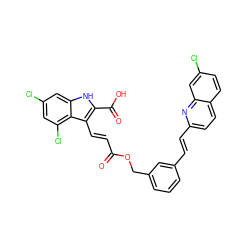 O=C(/C=C/c1c(C(=O)O)[nH]c2cc(Cl)cc(Cl)c12)OCc1cccc(/C=C/c2ccc3ccc(Cl)cc3n2)c1 ZINC000653817012