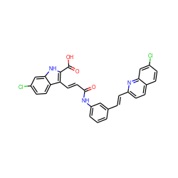 O=C(/C=C/c1c(C(=O)O)[nH]c2cc(Cl)ccc12)Nc1cccc(/C=C/c2ccc3ccc(Cl)cc3n2)c1 ZINC000653817029