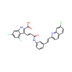 O=C(/C=C/c1c(C(=O)O)[nH]c2cc(F)cc(F)c12)Nc1cccc(/C=C/c2ccc3ccc(Cl)cc3n2)c1 ZINC000653817038