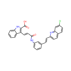 O=C(/C=C/c1c(C(=O)O)[nH]c2ccccc12)Nc1cccc(/C=C/c2ccc3ccc(Cl)cc3n2)c1 ZINC000653812626