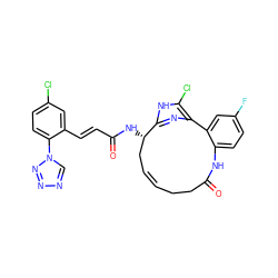 O=C(/C=C/c1cc(Cl)ccc1-n1cnnn1)N[C@H]1C/C=C/CCC(=O)Nc2ccc(F)cc2-c2nc1[nH]c2Cl ZINC000072316261