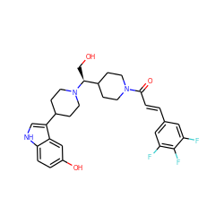 O=C(/C=C/c1cc(F)c(F)c(F)c1)N1CCC([C@H](CO)N2CCC(c3c[nH]c4ccc(O)cc34)CC2)CC1 ZINC000029044316