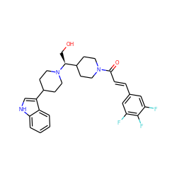 O=C(/C=C/c1cc(F)c(F)c(F)c1)N1CCC([C@H](CO)N2CCC(c3c[nH]c4ccccc34)CC2)CC1 ZINC000029045733