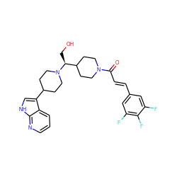 O=C(/C=C/c1cc(F)c(F)c(F)c1)N1CCC([C@H](CO)N2CCC(c3c[nH]c4ncccc34)CC2)CC1 ZINC000035881348