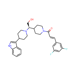 O=C(/C=C/c1cc(F)cc(F)c1)N1CCC([C@H](CO)N2CCC(c3c[nH]c4ccccc34)CC2)CC1 ZINC000029045304