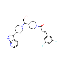 O=C(/C=C/c1cc(F)cc(F)c1)N1CCC([C@H](CO)N2CCC(c3c[nH]c4ncccc34)CC2)CC1 ZINC000035873449