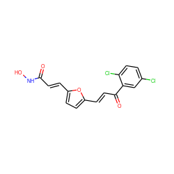 O=C(/C=C/c1ccc(/C=C/C(=O)c2cc(Cl)ccc2Cl)o1)NO ZINC000040893030