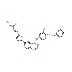 O=C(/C=C/c1ccc(-c2ccc3ncnc(Nc4ccc(OCc5cccc(F)c5)c(Cl)c4)c3c2)o1)NO ZINC000066261904