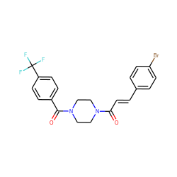 O=C(/C=C/c1ccc(Br)cc1)N1CCN(C(=O)c2ccc(C(F)(F)F)cc2)CC1 ZINC000043770487