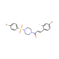 O=C(/C=C/c1ccc(Br)cc1F)N1CCN(S(=O)(=O)c2ccc(Br)cc2)CC1 ZINC000215282569