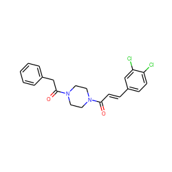 O=C(/C=C/c1ccc(Cl)c(Cl)c1)N1CCN(C(=O)Cc2ccccc2)CC1 ZINC000169345201