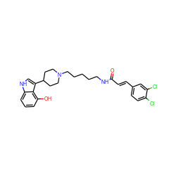 O=C(/C=C/c1ccc(Cl)c(Cl)c1)NCCCCCN1CCC(c2c[nH]c3cccc(O)c23)CC1 ZINC000029482694