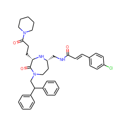 O=C(/C=C/c1ccc(Cl)cc1)NC[C@@H]1CCN(CC(c2ccccc2)c2ccccc2)C(=O)[C@H](CCC(=O)N2CCCCC2)N1 ZINC000139908642