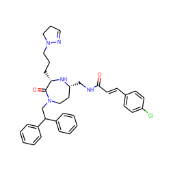 O=C(/C=C/c1ccc(Cl)cc1)NC[C@@H]1CCN(CC(c2ccccc2)c2ccccc2)C(=O)[C@H](CCCN2CCC=N2)N1 ZINC001772651449