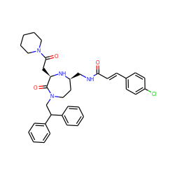 O=C(/C=C/c1ccc(Cl)cc1)NC[C@H]1CCN(CC(c2ccccc2)c2ccccc2)C(=O)[C@@H](CC(=O)N2CCCCC2)N1 ZINC000207803919