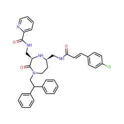 O=C(/C=C/c1ccc(Cl)cc1)NC[C@H]1CCN(CC(c2ccccc2)c2ccccc2)C(=O)[C@@H](CNC(=O)c2ccccn2)N1 ZINC000206903705