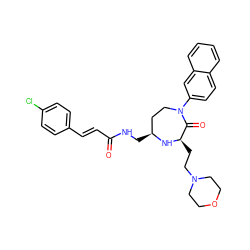 O=C(/C=C/c1ccc(Cl)cc1)NC[C@H]1CCN(c2ccc3ccccc3c2)C(=O)[C@@H](CCN2CCOCC2)N1 ZINC001772644887