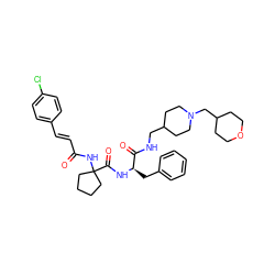 O=C(/C=C/c1ccc(Cl)cc1)NC1(C(=O)N[C@H](Cc2ccccc2)C(=O)NCC2CCN(CC3CCOCC3)CC2)CCCC1 ZINC000044351730