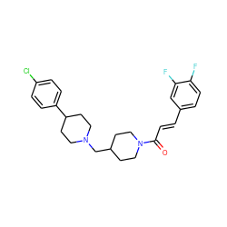 O=C(/C=C/c1ccc(F)c(F)c1)N1CCC(CN2CCC(c3ccc(Cl)cc3)CC2)CC1 ZINC000028957829