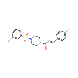 O=C(/C=C/c1ccc(F)cc1)N1CCN(S(=O)(=O)c2cccc(Cl)c2)CC1 ZINC000014694487