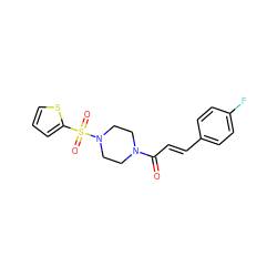 O=C(/C=C/c1ccc(F)cc1)N1CCN(S(=O)(=O)c2cccs2)CC1 ZINC000007805167