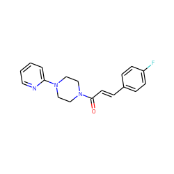 O=C(/C=C/c1ccc(F)cc1)N1CCN(c2ccccn2)CC1 ZINC000000308134