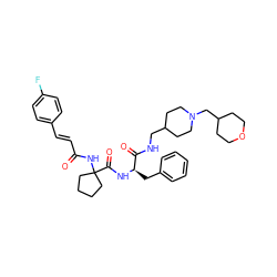 O=C(/C=C/c1ccc(F)cc1)NC1(C(=O)N[C@H](Cc2ccccc2)C(=O)NCC2CCN(CC3CCOCC3)CC2)CCCC1 ZINC000044351826