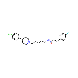 O=C(/C=C/c1ccc(F)cc1)NCCCCCN1CCC(c2ccc(Cl)cc2)CC1 ZINC000028957573