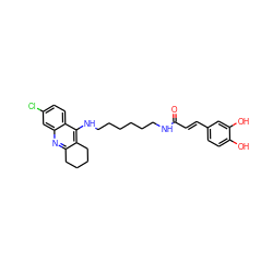 O=C(/C=C/c1ccc(O)c(O)c1)NCCCCCCNc1c2c(nc3cc(Cl)ccc13)CCCC2 ZINC000095573537