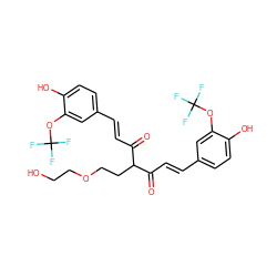 O=C(/C=C/c1ccc(O)c(OC(F)(F)F)c1)C(CCOCCO)C(=O)/C=C/c1ccc(O)c(OC(F)(F)F)c1 ZINC000261151647